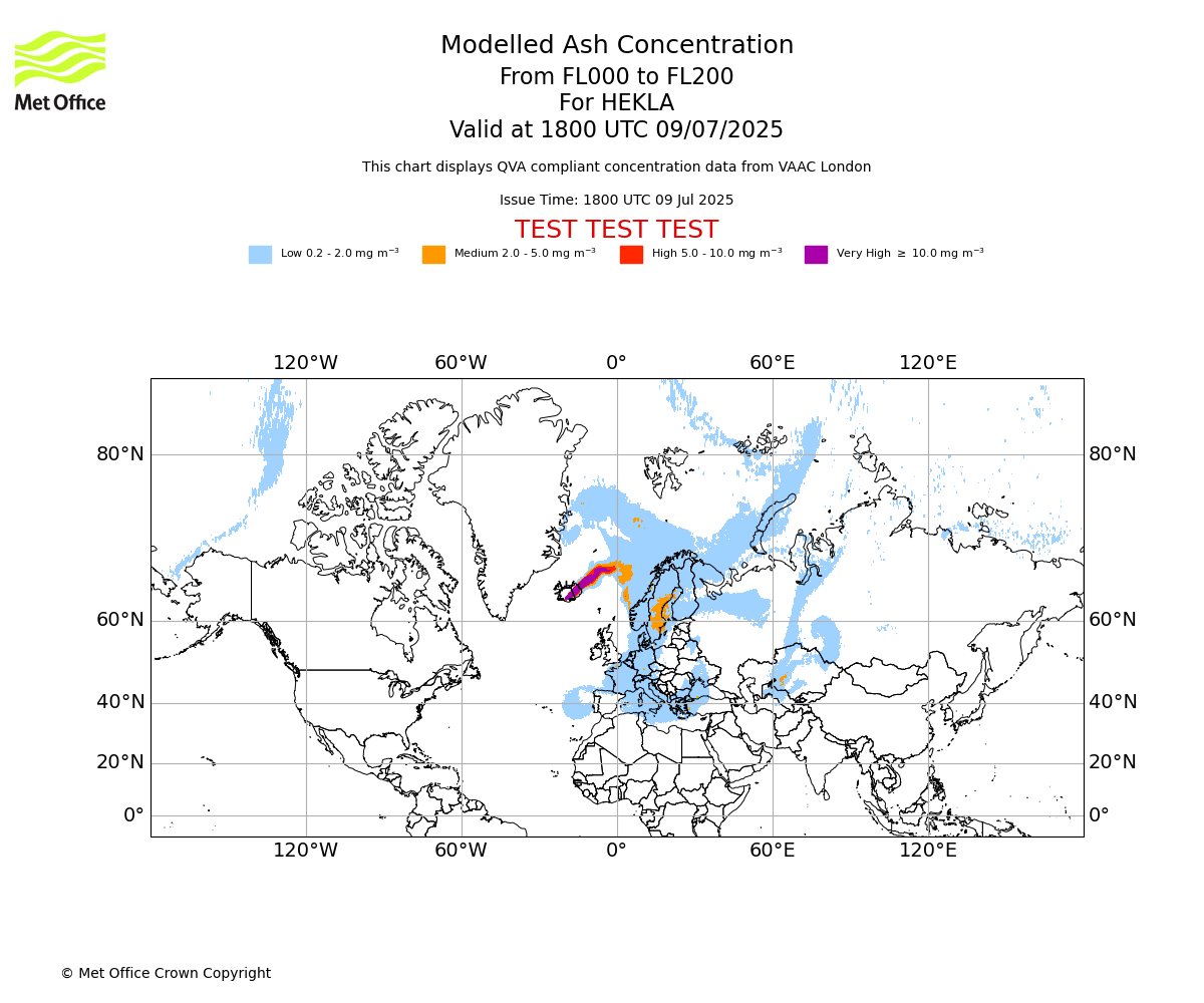 Modelled ash concentration from 000 to 200 for HEKLA. Valid at 1800 UTC 09/07/2025