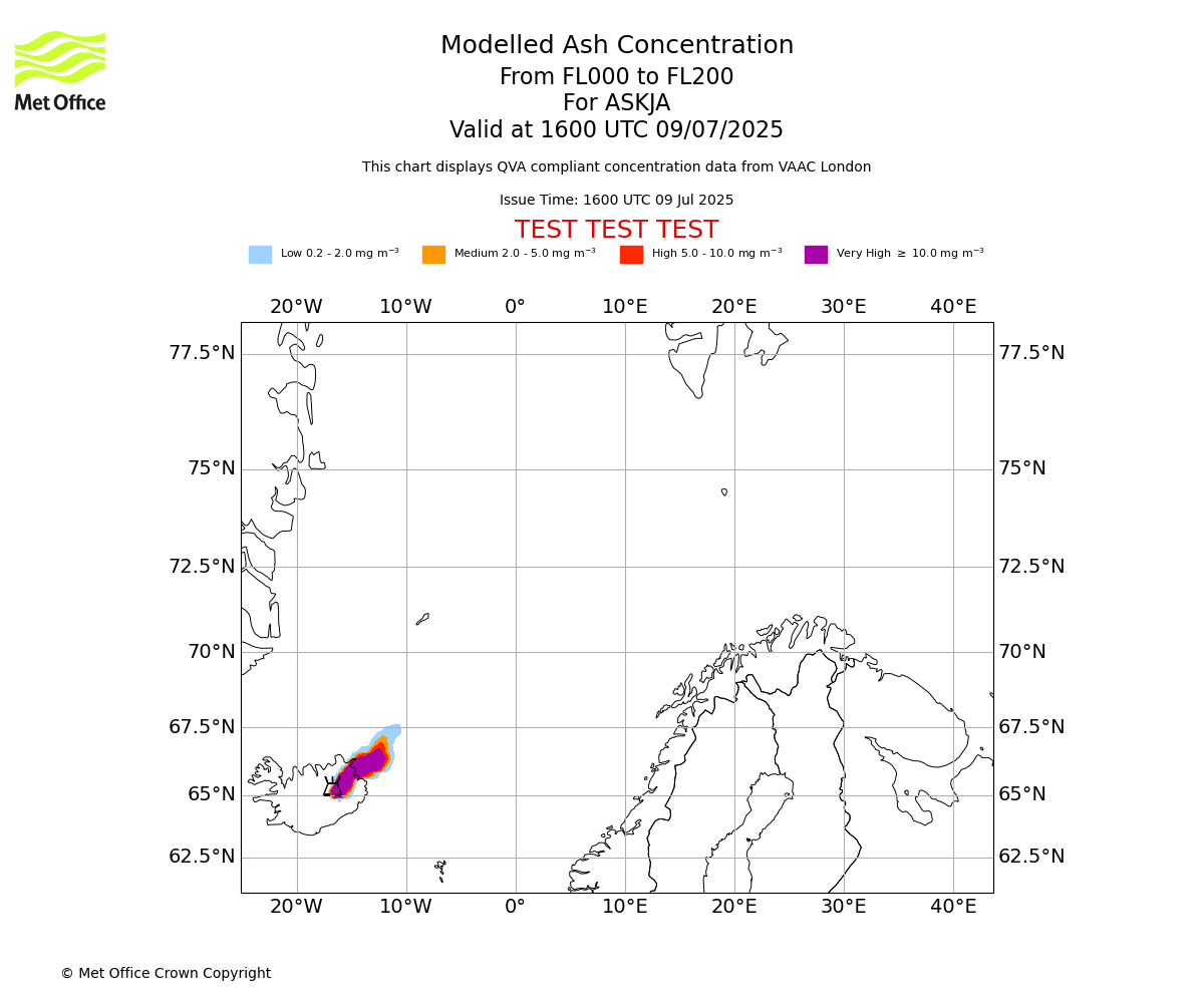 Modelled ash concentration from 000 to 200 for ASKJA. Valid at 1600 UTC 09/07/2025