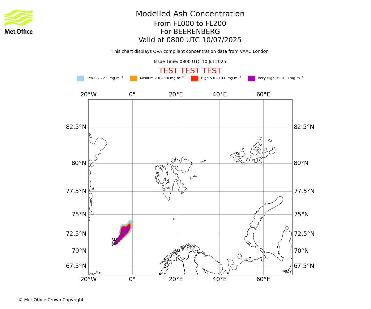 Modelled ash concentration from 000 to 200 for BEERENBERG. Valid at 0800 UTC 10/07/2025