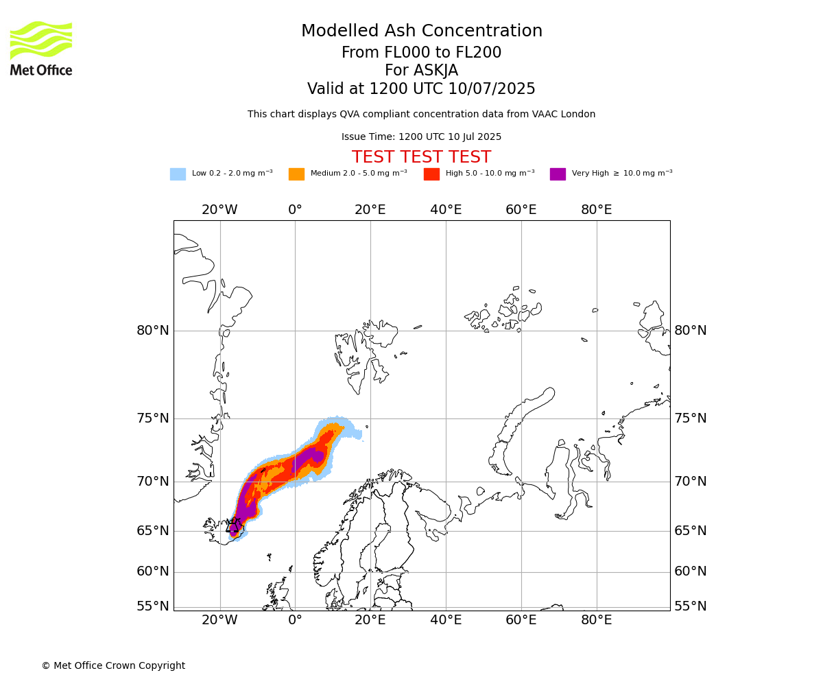 Modelled ash concentration from 000 to 200 for ASKJA. Valid at 1200 UTC 10/07/2025