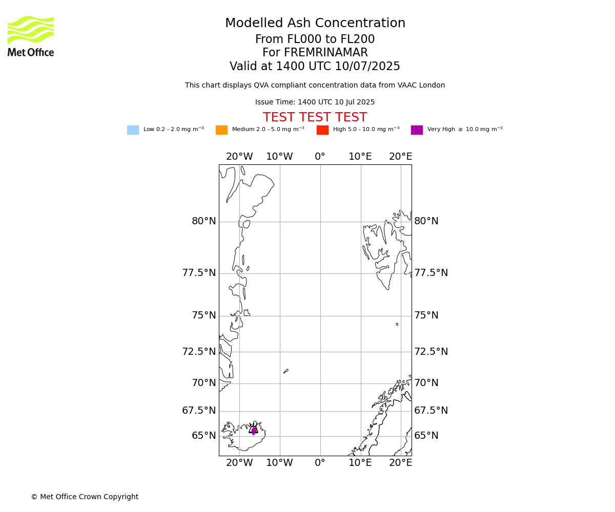 Modelled ash concentration from 000 to 200 for FREMRINAMAR. Valid at 1400 UTC 10/07/2025