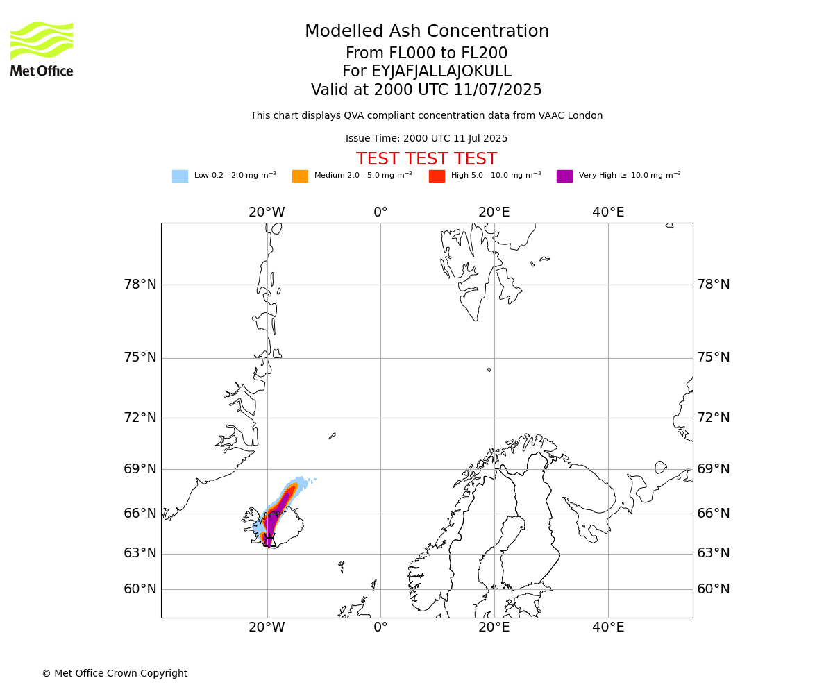 Modelled ash concentration from 000 to 200 for EYJAFJALLAJOKULL. Valid at 2000 UTC 11/07/2025