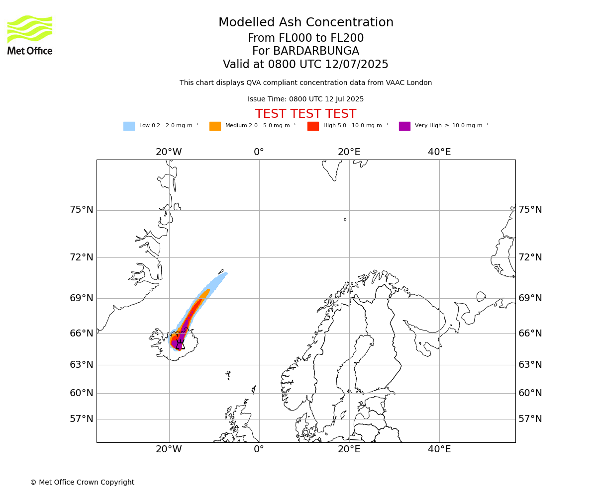 Modelled ash concentration from 000 to 200 for BARDARBUNGA. Valid at 0800 UTC 12/07/2025