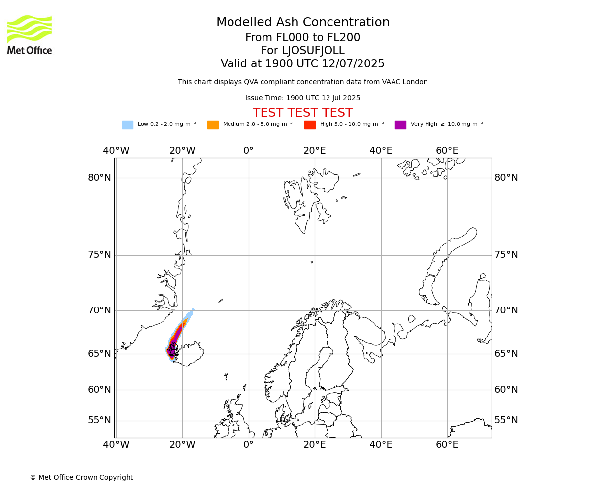 Modelled ash concentration from 000 to 200 for LJOSUFJOLL. Valid at 1900 UTC 12/07/2025