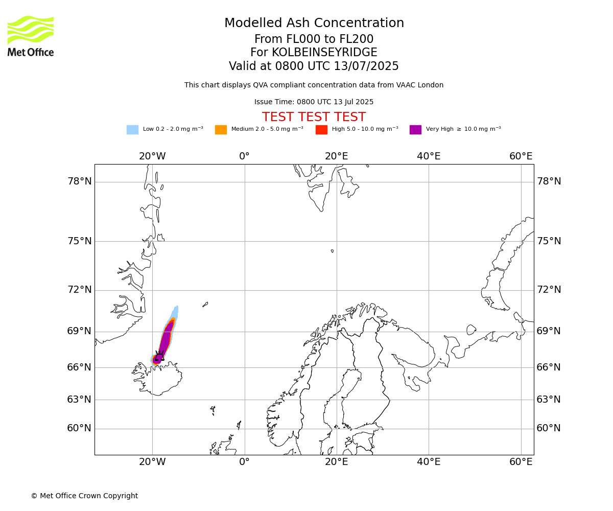 Modelled ash concentration from 000 to 200 for KOLBEINSEYRIDGE. Valid at 0800 UTC 13/07/2025