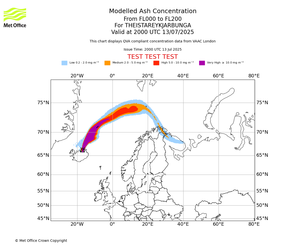 Modelled ash concentration from 000 to 200 for THEISTAREYKJARBUNGA. Valid at 2000 UTC 13/07/2025