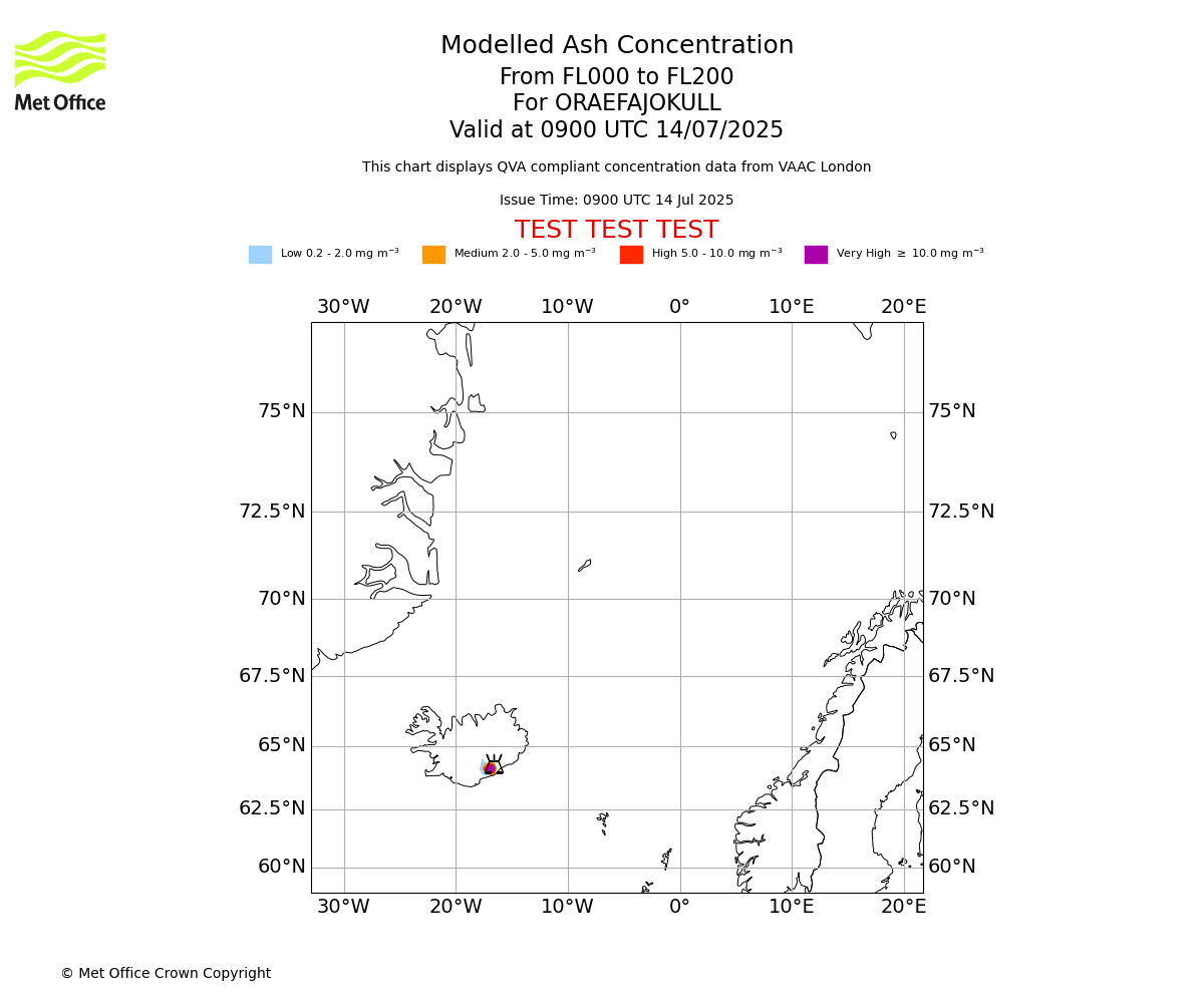 Modelled ash concentration from 000 to 200 for ORAEFAJOKULL. Valid at 0900 UTC 14/07/2025