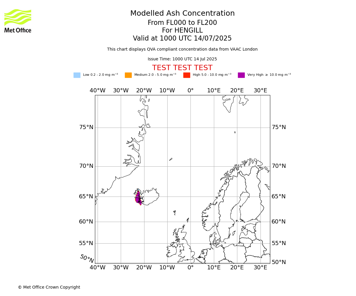 Modelled ash concentration from 000 to 200 for HENGILL. Valid at 1000 UTC 14/07/2025