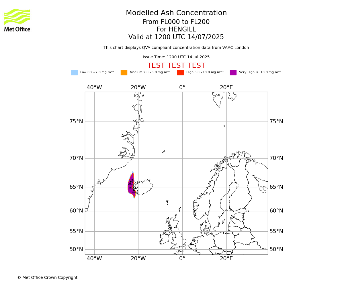 Modelled ash concentration from 000 to 200 for HENGILL. Valid at 1200 UTC 14/07/2025