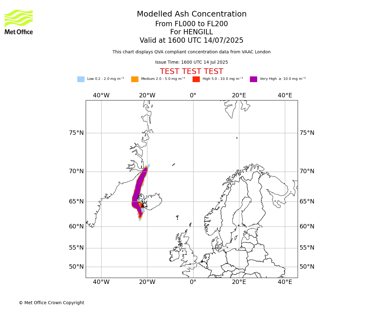 Modelled ash concentration from 000 to 200 for HENGILL. Valid at 1600 UTC 14/07/2025