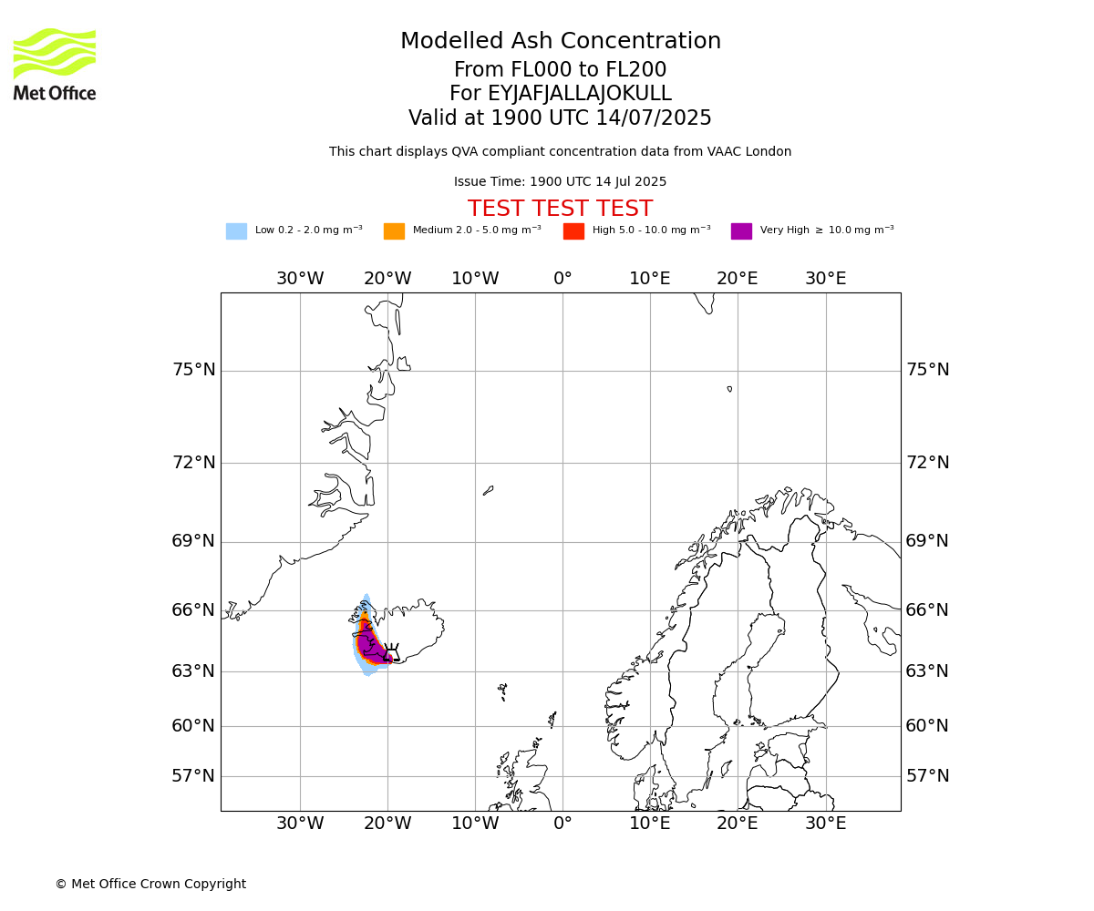 Modelled ash concentration from 000 to 200 for EYJAFJALLAJOKULL. Valid at 1900 UTC 14/07/2025