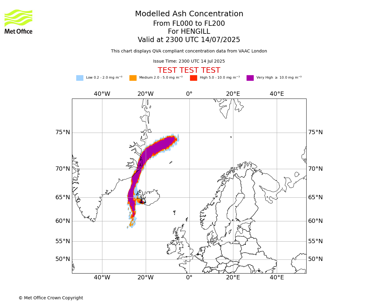 Modelled ash concentration from 000 to 200 for HENGILL. Valid at 2300 UTC 14/07/2025