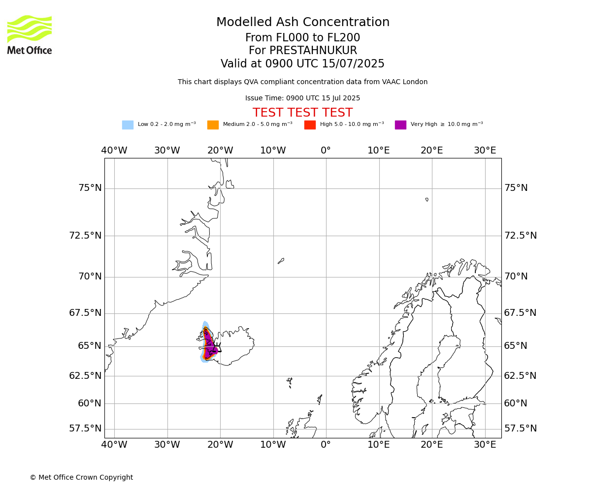 Modelled ash concentration from 000 to 200 for PRESTAHNUKUR. Valid at 0900 UTC 15/07/2025