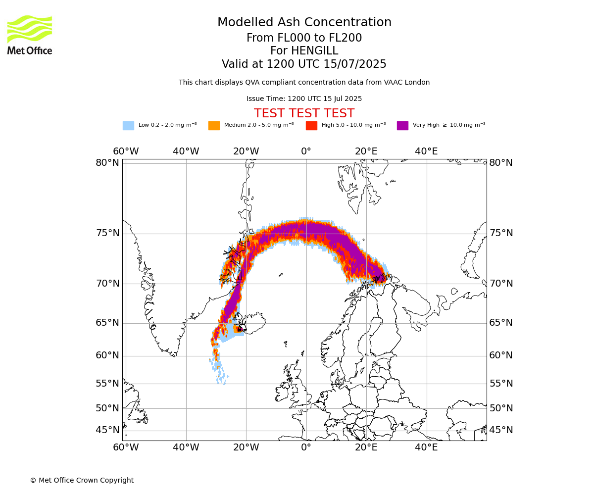 Modelled ash concentration from 000 to 200 for HENGILL. Valid at 1200 UTC 15/07/2025