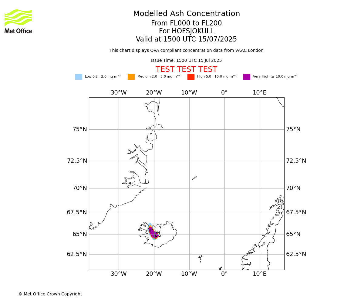Modelled ash concentration from 000 to 200 for HOFSJOKULL. Valid at 1500 UTC 15/07/2025