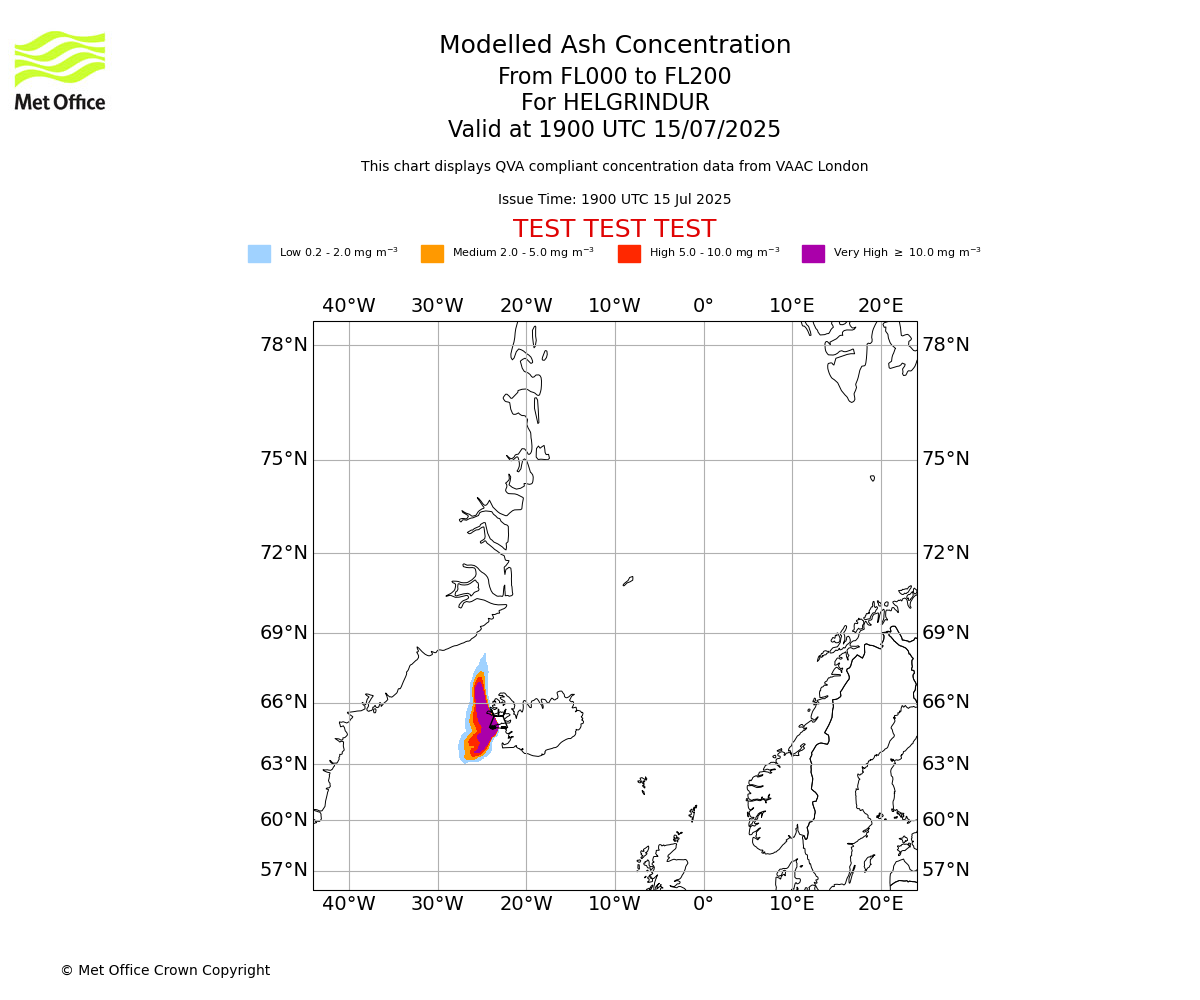 Modelled ash concentration from 000 to 200 for HELGRINDUR. Valid at 1900 UTC 15/07/2025