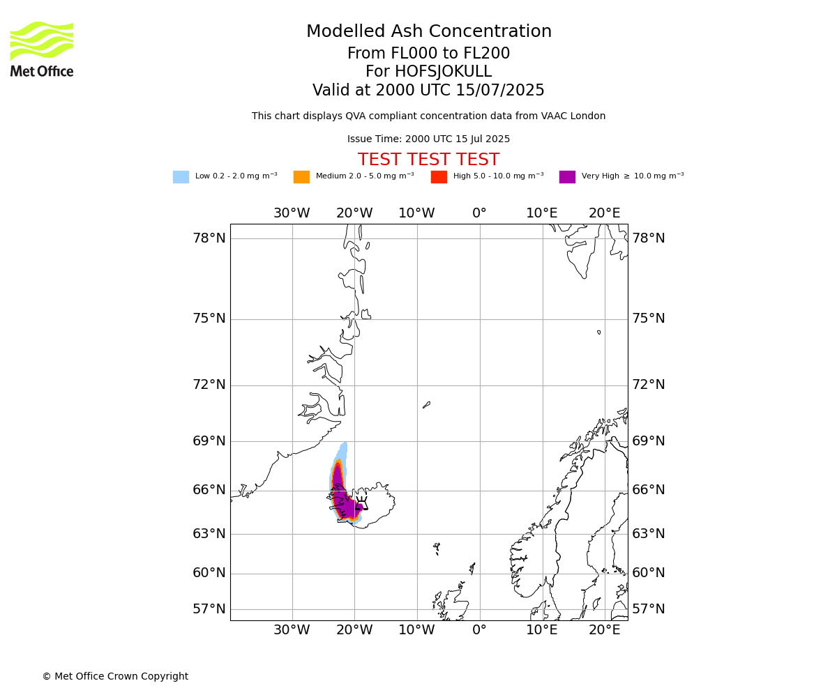 Modelled ash concentration from 000 to 200 for HOFSJOKULL. Valid at 2000 UTC 15/07/2025