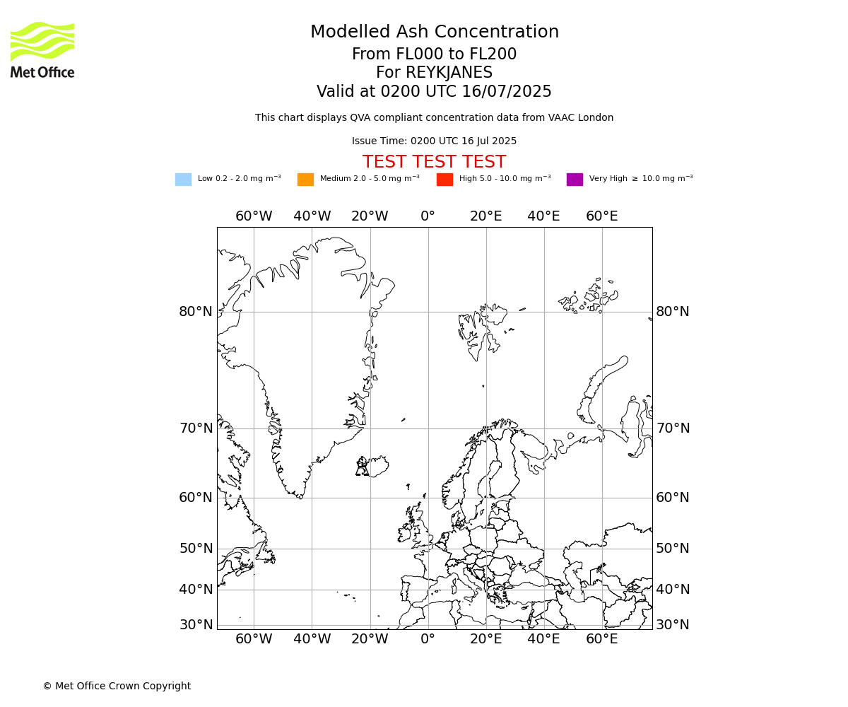 Modelled ash concentration from 000 to 200 for REYKJANES. Valid at 0200 UTC 16/07/2025