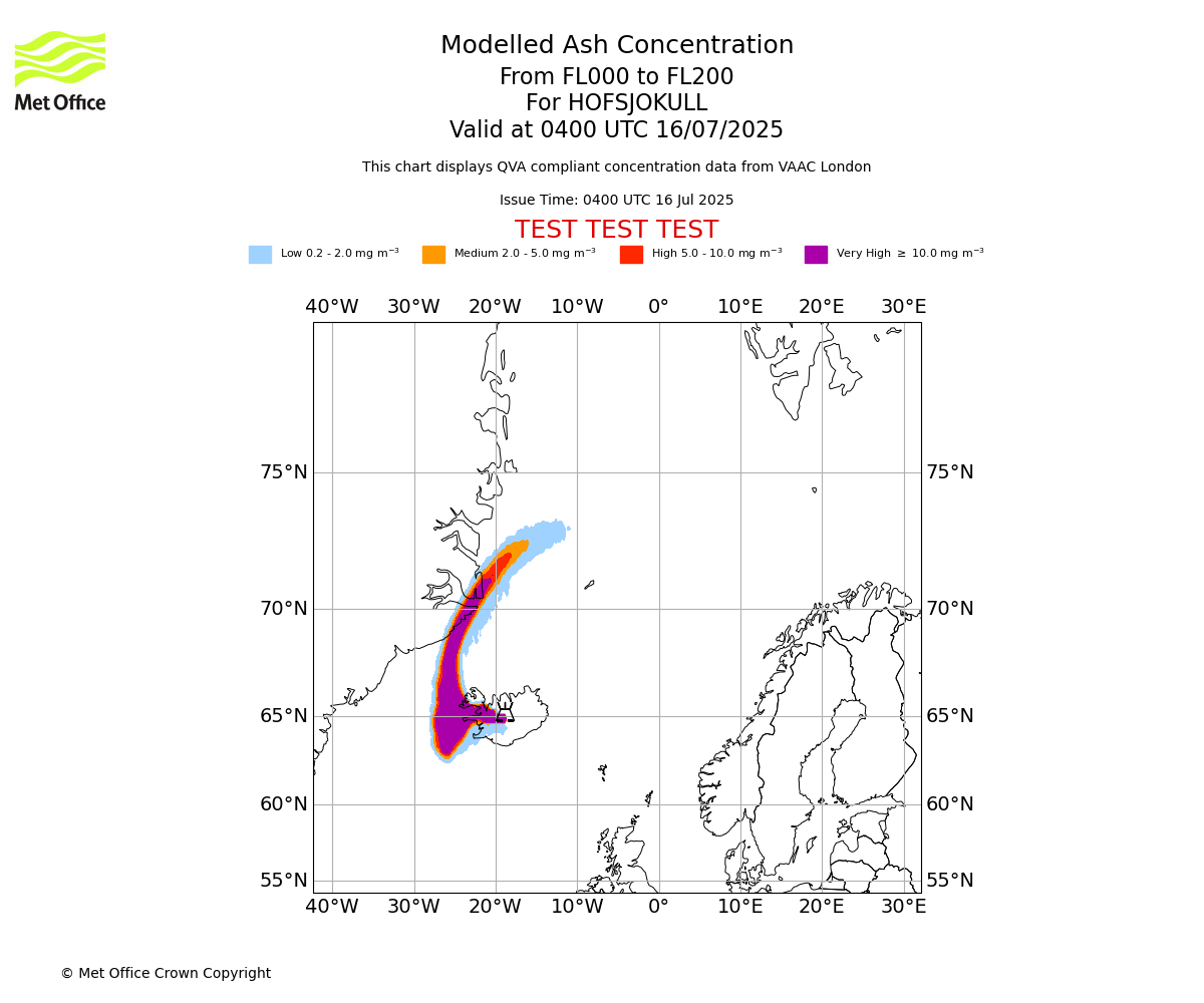 Modelled ash concentration from 000 to 200 for HOFSJOKULL. Valid at 0400 UTC 16/07/2025
