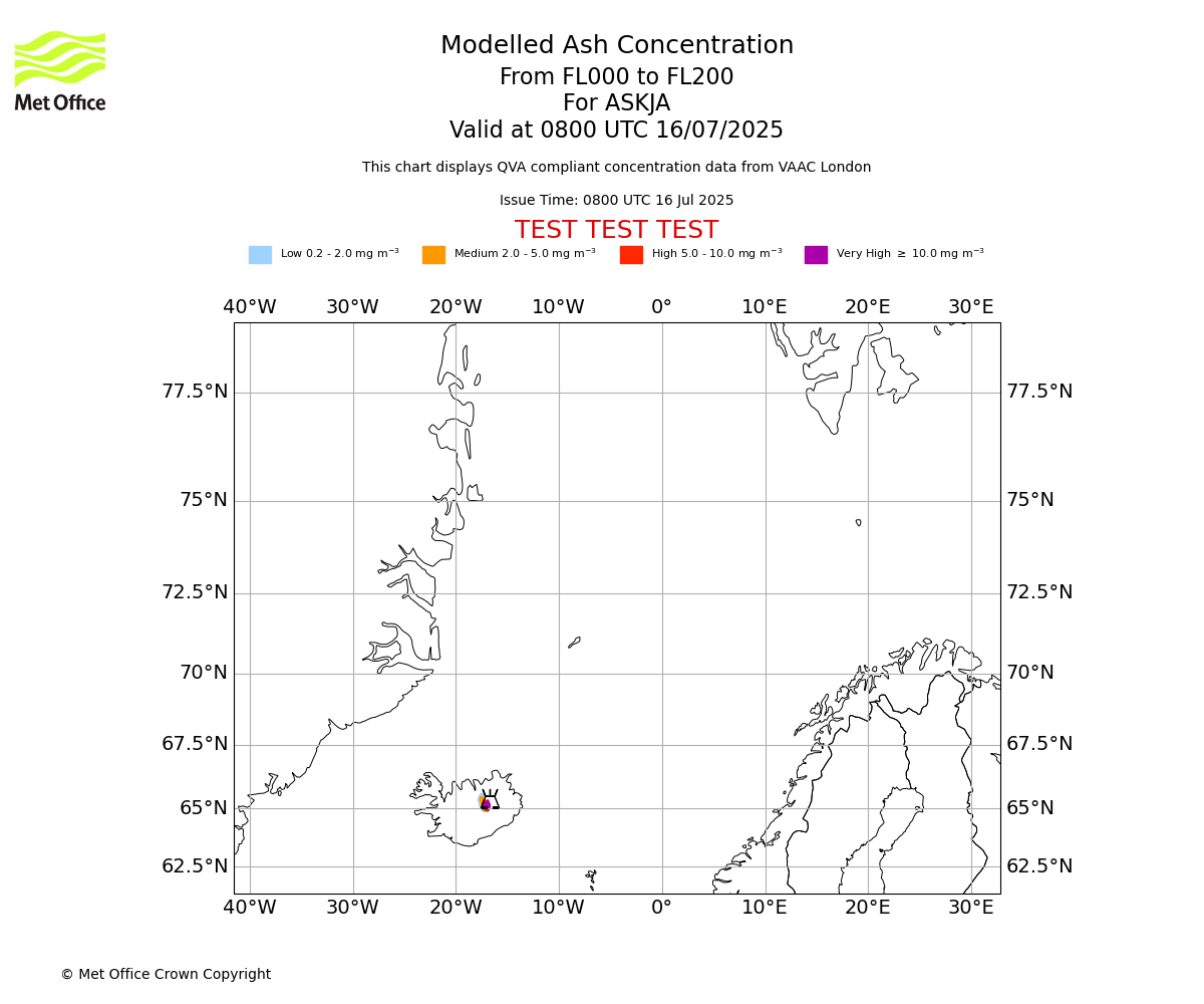 Modelled ash concentration from 000 to 200 for ASKJA. Valid at 0800 UTC 16/07/2025