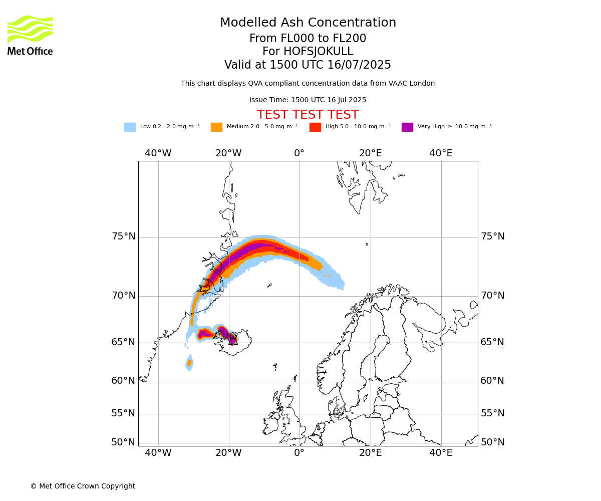 Modelled ash concentration from 000 to 200 for HOFSJOKULL. Valid at 1500 UTC 16/07/2025