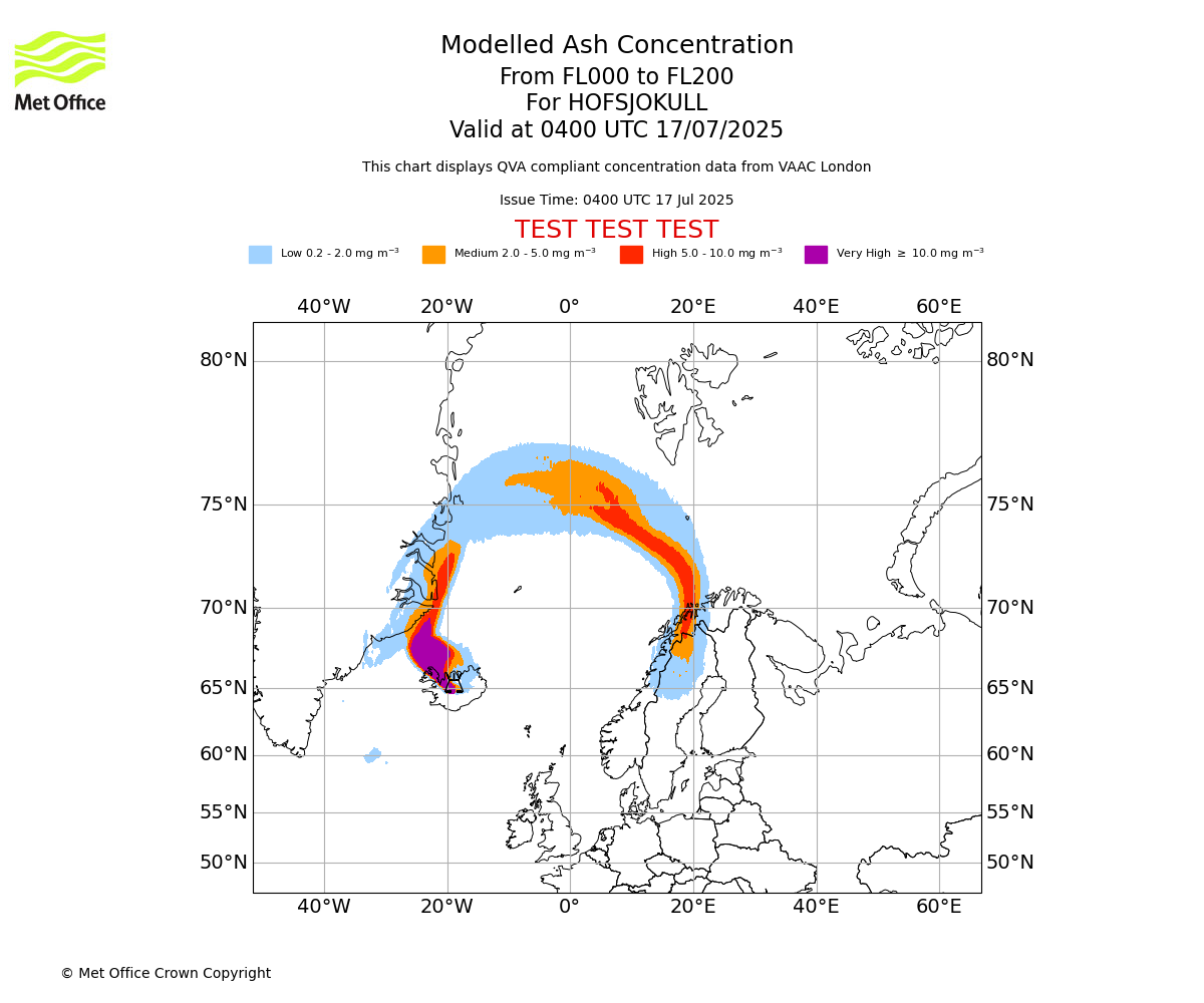 Modelled ash concentration from 000 to 200 for HOFSJOKULL. Valid at 0400 UTC 17/07/2025