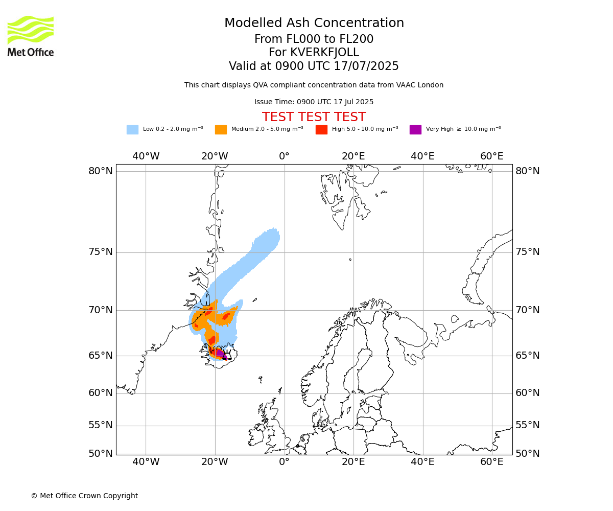 Modelled ash concentration from 000 to 200 for KVERKFJOLL. Valid at 0900 UTC 17/07/2025