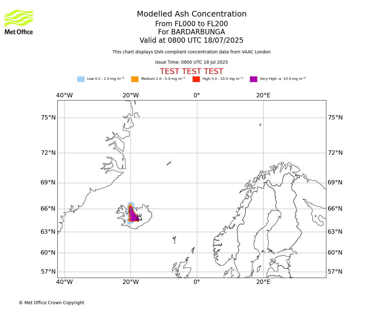 Modelled ash concentration from 000 to 200 for BARDARBUNGA. Valid at 0800 UTC 18/07/2025