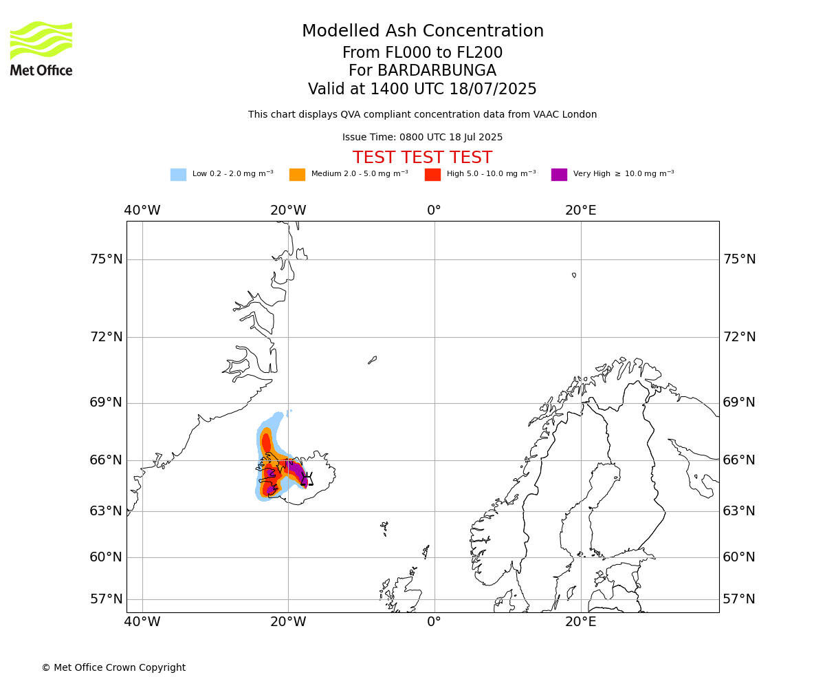 Modelled ash concentration from 000 to 200 for BARDARBUNGA. Valid at 1400 UTC 18/07/2025