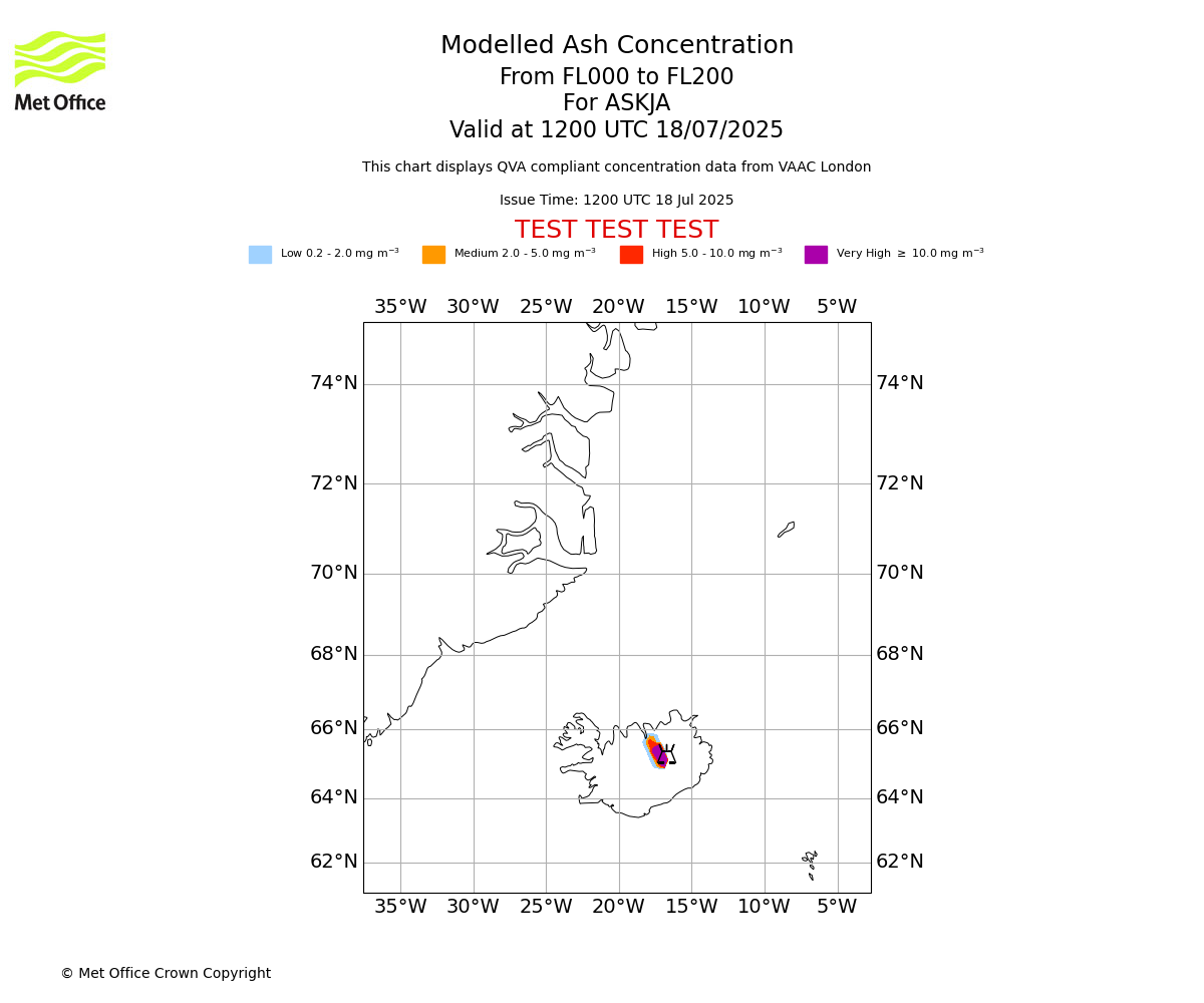 Modelled ash concentration from 000 to 200 for ASKJA. Valid at 1200 UTC 18/07/2025