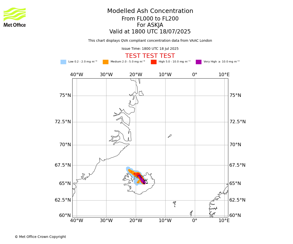 Modelled ash concentration from 000 to 200 for ASKJA. Valid at 1800 UTC 18/07/2025