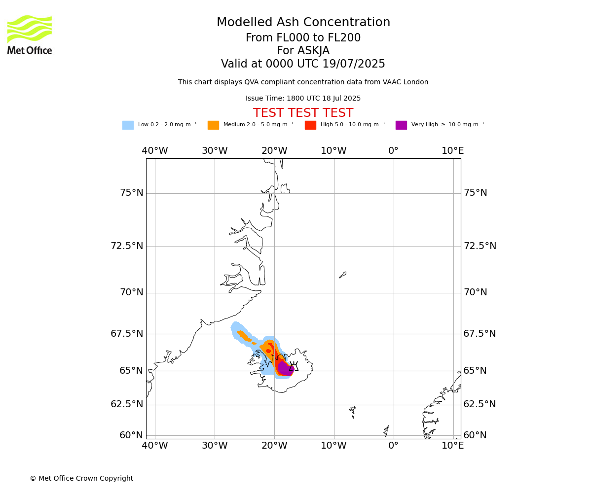Modelled ash concentration from 000 to 200 for ASKJA. Valid at 0000 UTC 19/07/2025