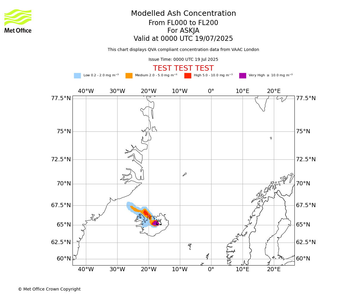 Modelled ash concentration from 000 to 200 for ASKJA. Valid at 0000 UTC 19/07/2025