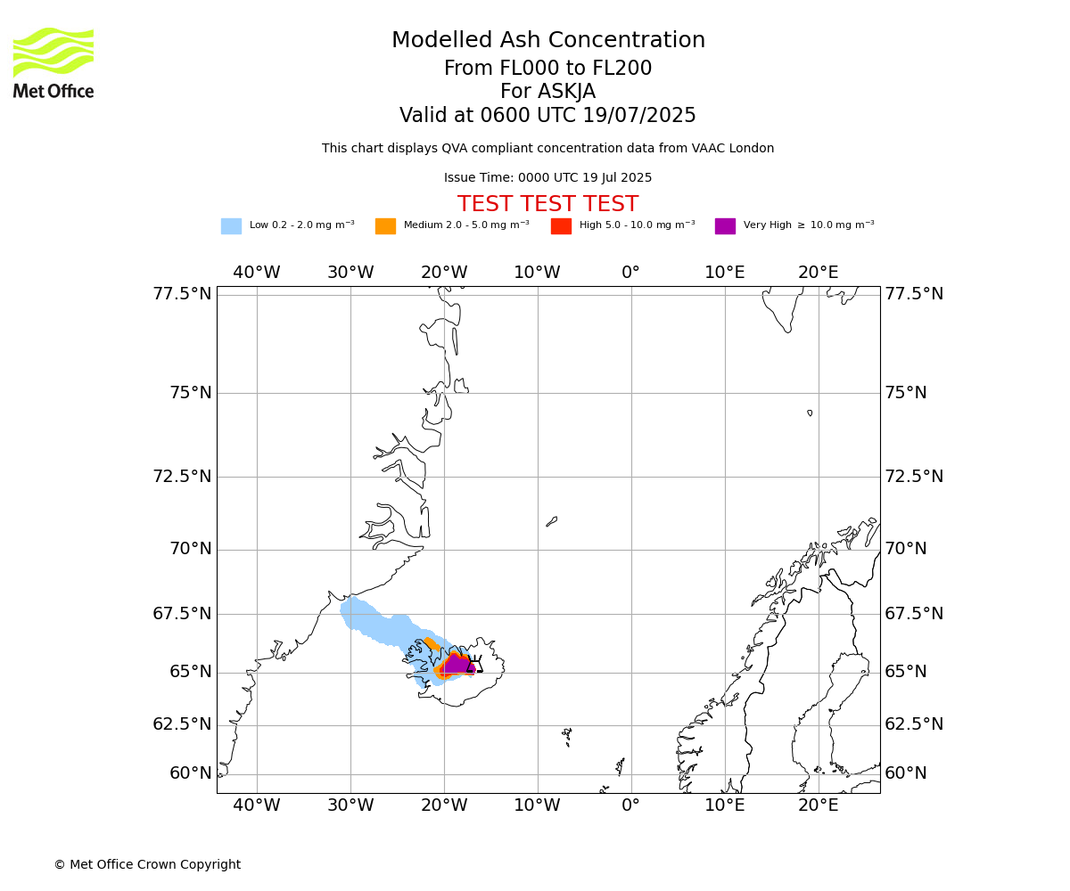 Modelled ash concentration from 000 to 200 for ASKJA. Valid at 0600 UTC 19/07/2025