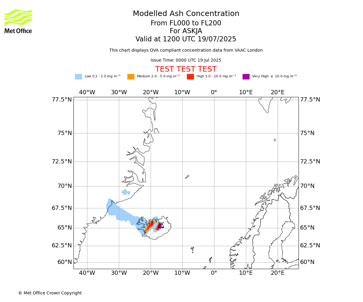 Modelled ash concentration from 000 to 200 for ASKJA. Valid at 1200 UTC 19/07/2025