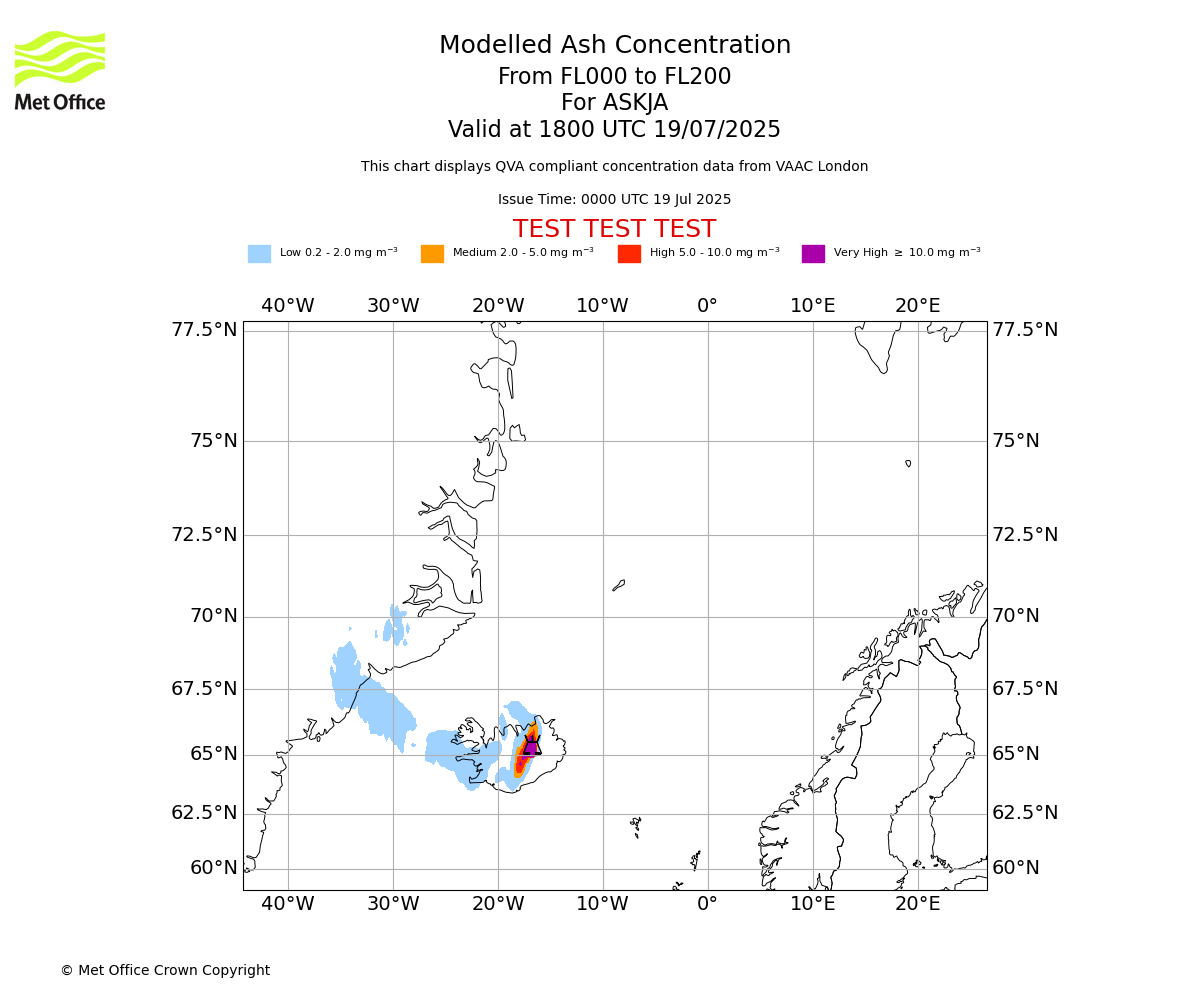 Modelled ash concentration from 000 to 200 for ASKJA. Valid at 1800 UTC 19/07/2025