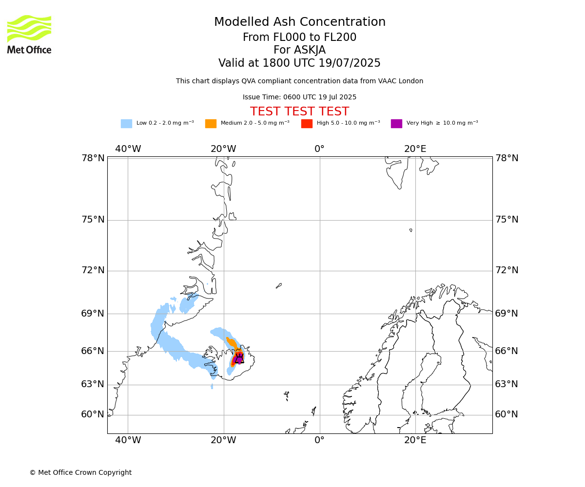 Modelled ash concentration from 000 to 200 for ASKJA. Valid at 1800 UTC 19/07/2025