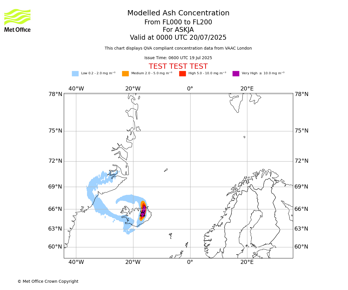 Modelled ash concentration from 000 to 200 for ASKJA. Valid at 0000 UTC 20/07/2025