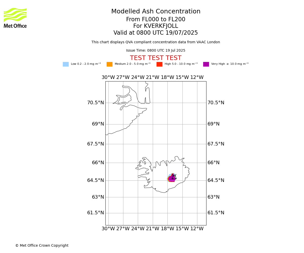 Modelled ash concentration from 000 to 200 for KVERKFJOLL. Valid at 0800 UTC 19/07/2025