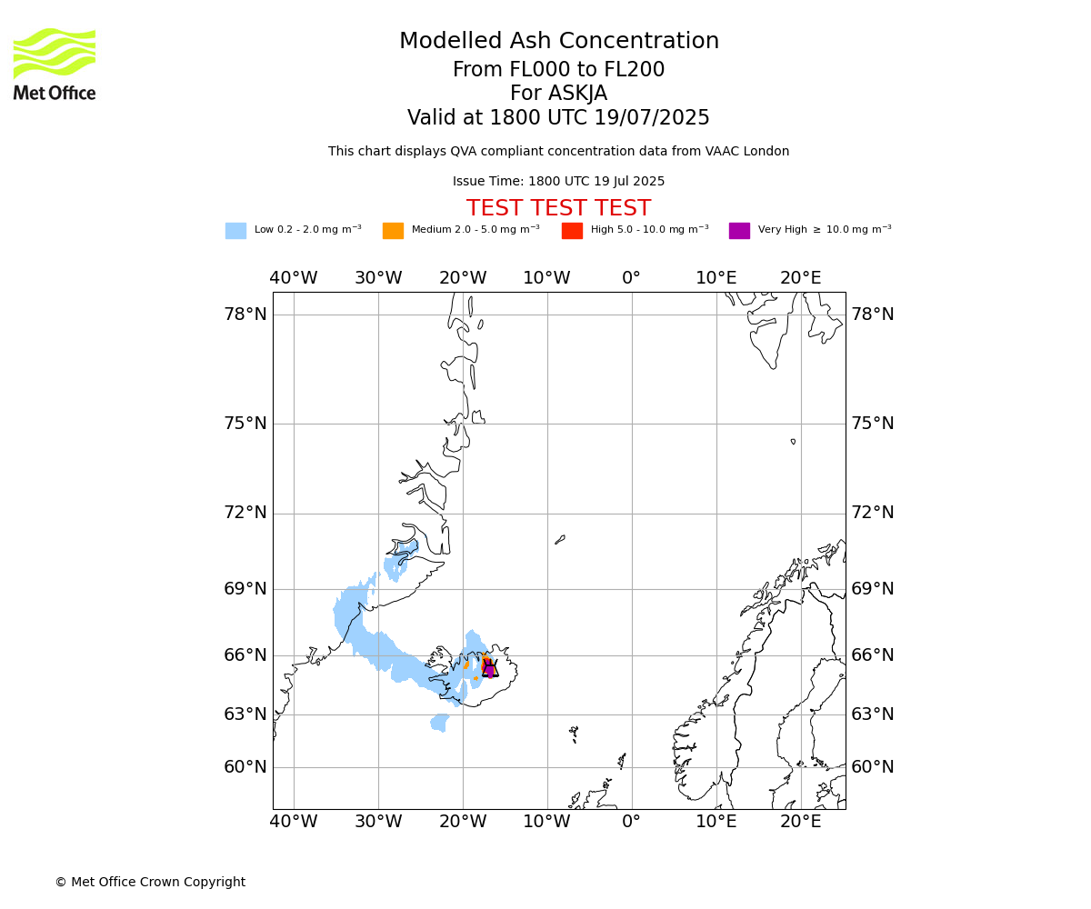 Modelled ash concentration from 000 to 200 for ASKJA. Valid at 1800 UTC 19/07/2025