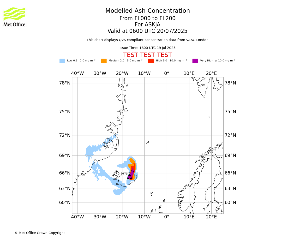 Modelled ash concentration from 000 to 200 for ASKJA. Valid at 0600 UTC 20/07/2025