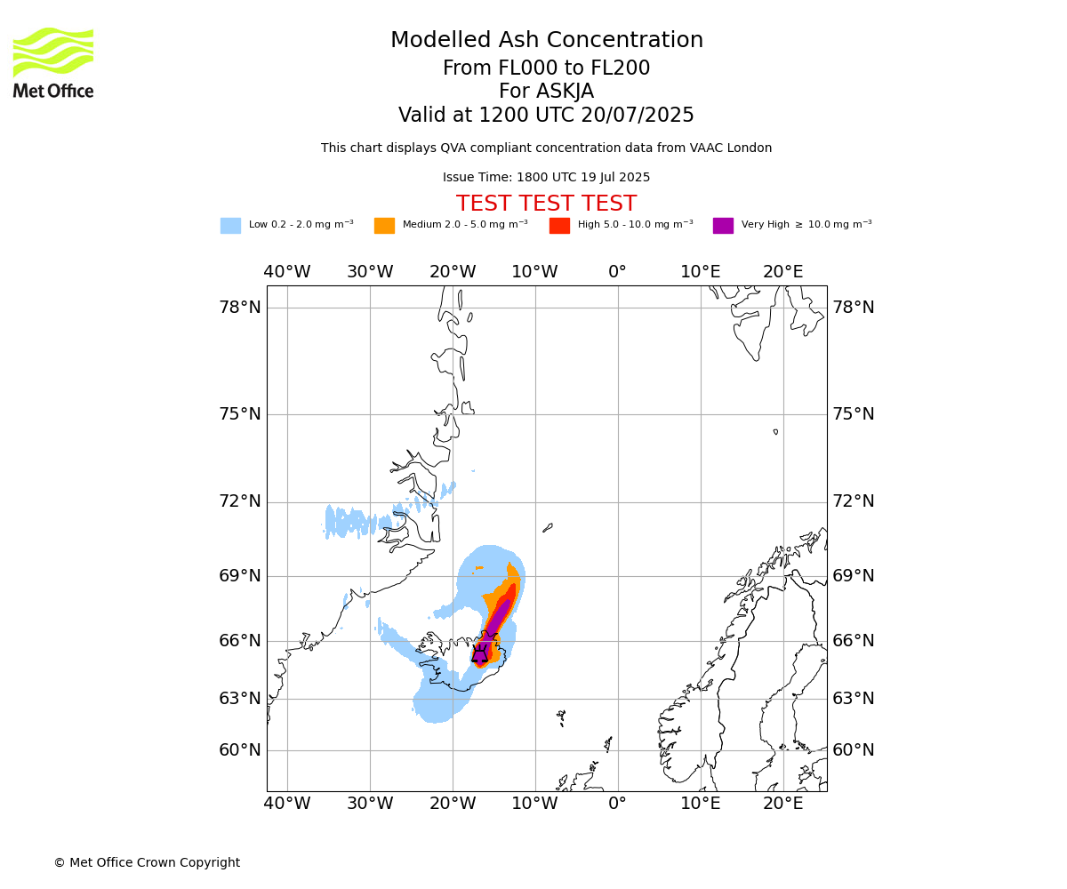 Modelled ash concentration from 000 to 200 for ASKJA. Valid at 1200 UTC 20/07/2025