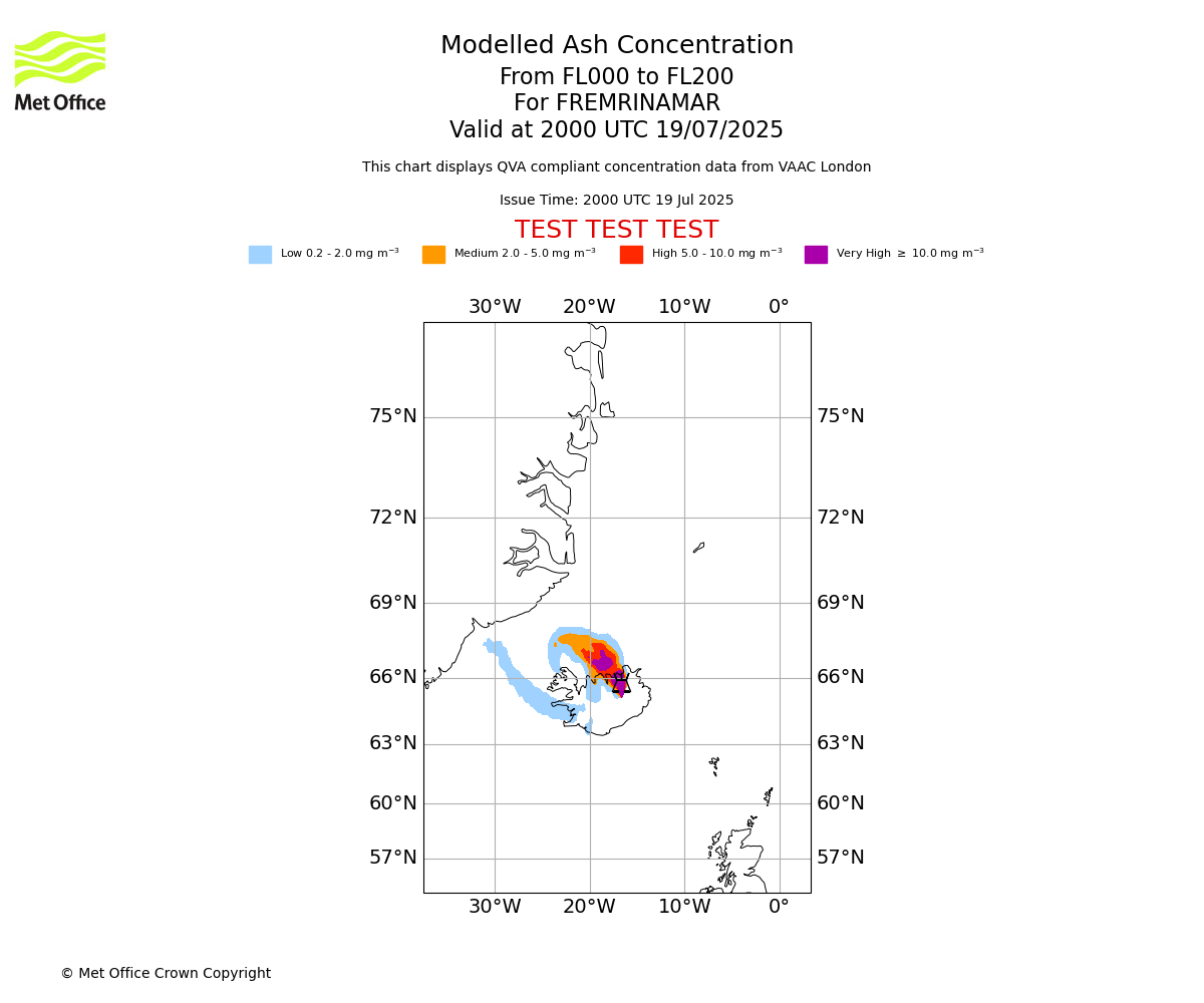 Modelled ash concentration from 000 to 200 for FREMRINAMAR. Valid at 2000 UTC 19/07/2025