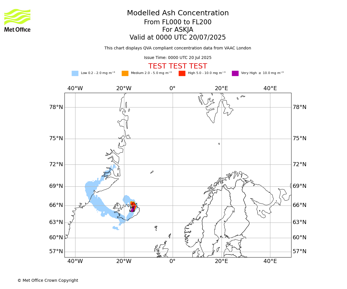 Modelled ash concentration from 000 to 200 for ASKJA. Valid at 0000 UTC 20/07/2025