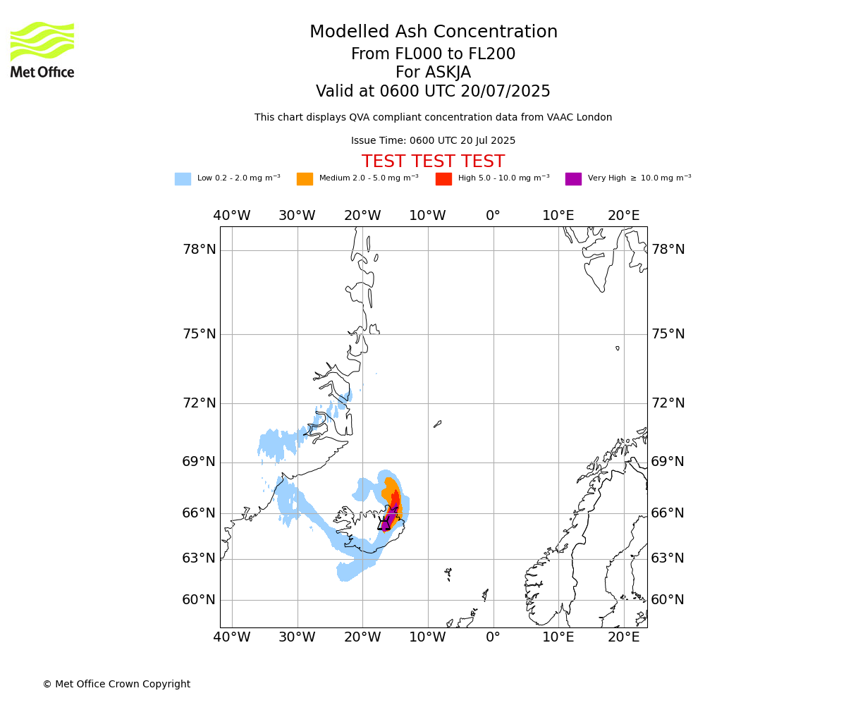 Modelled ash concentration from 000 to 200 for ASKJA. Valid at 0600 UTC 20/07/2025