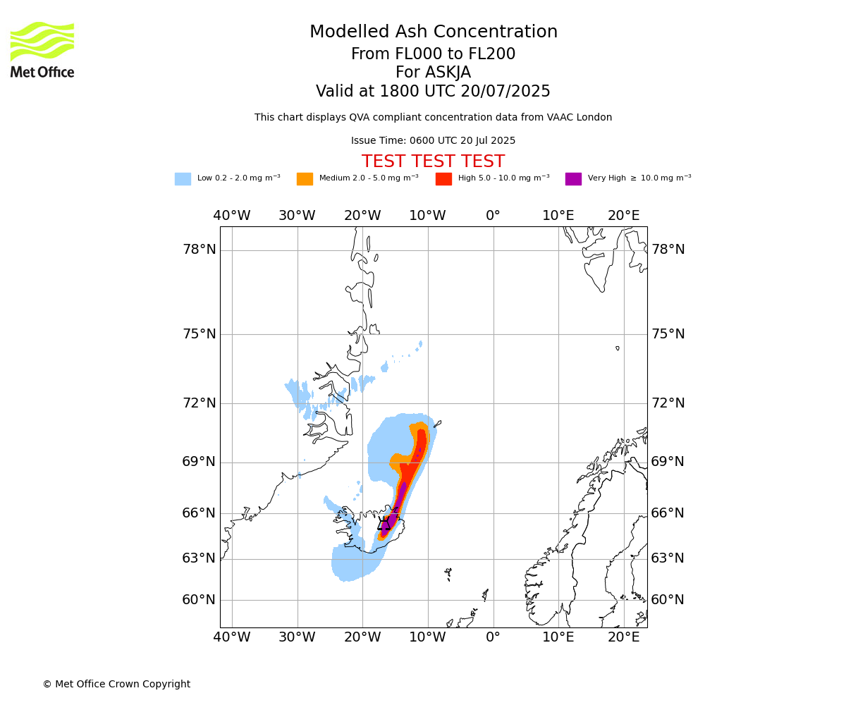 Modelled ash concentration from 000 to 200 for ASKJA. Valid at 1800 UTC 20/07/2025