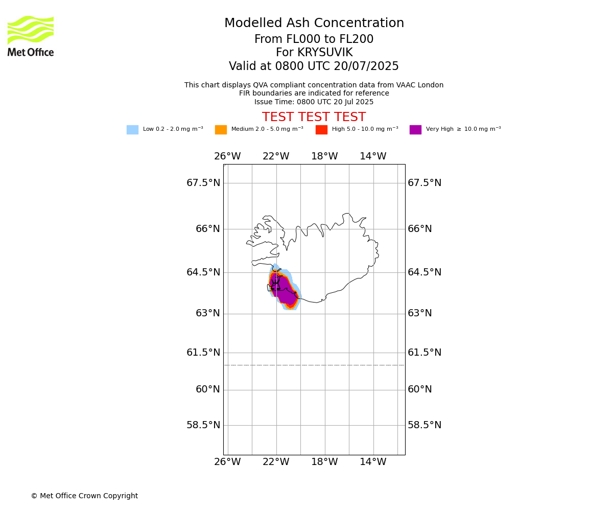 Modelled ash concentration from 000 to 200 for KRYSUVIK. Valid at 0800 UTC 20/07/2025