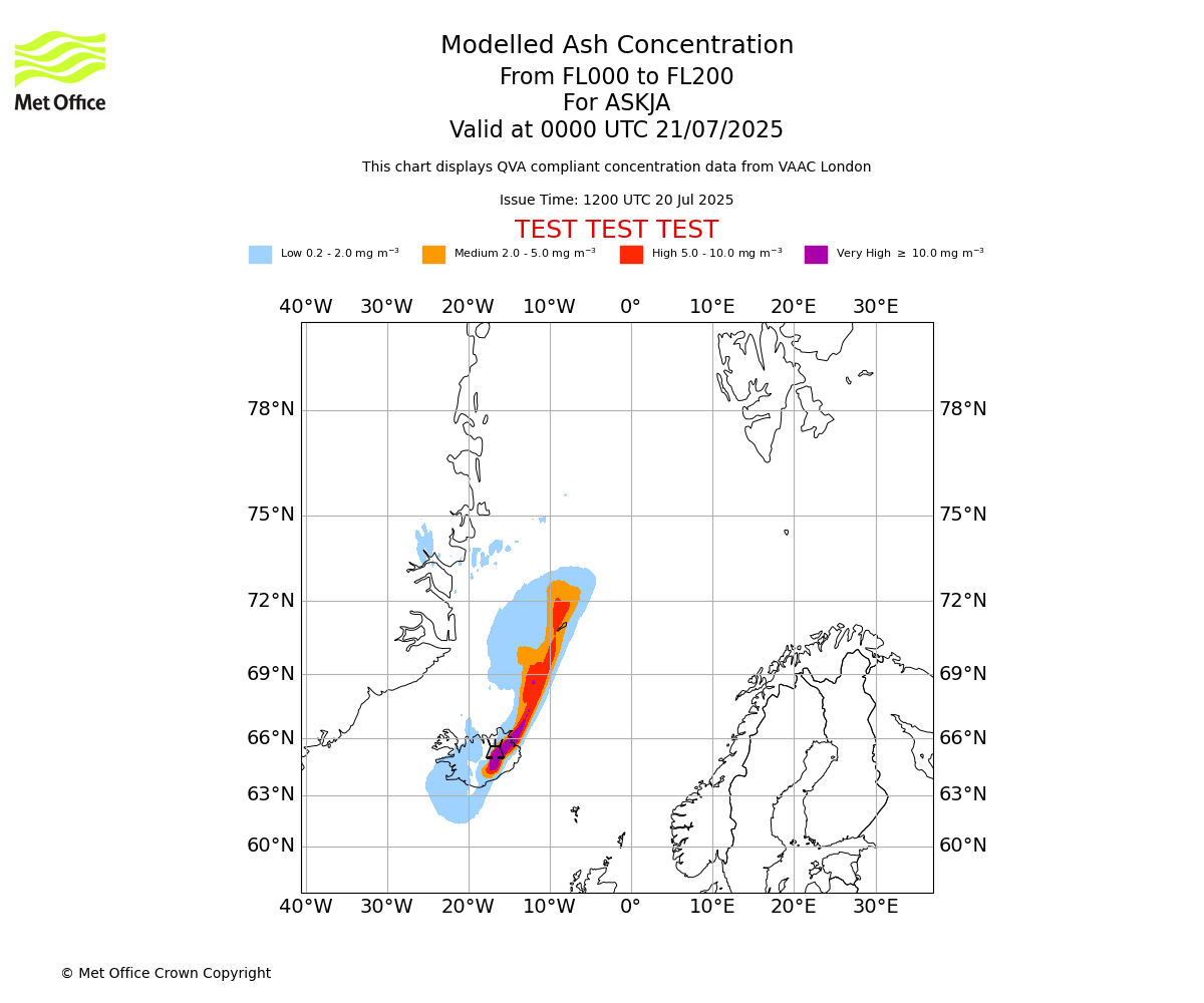 Modelled ash concentration from 000 to 200 for ASKJA. Valid at 0000 UTC 21/07/2025