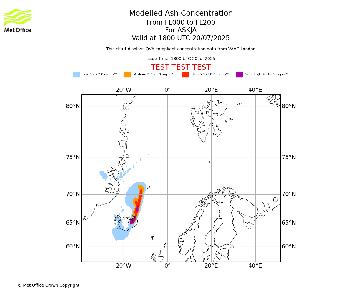 Modelled ash concentration from 000 to 200 for ASKJA. Valid at 1800 UTC 20/07/2025