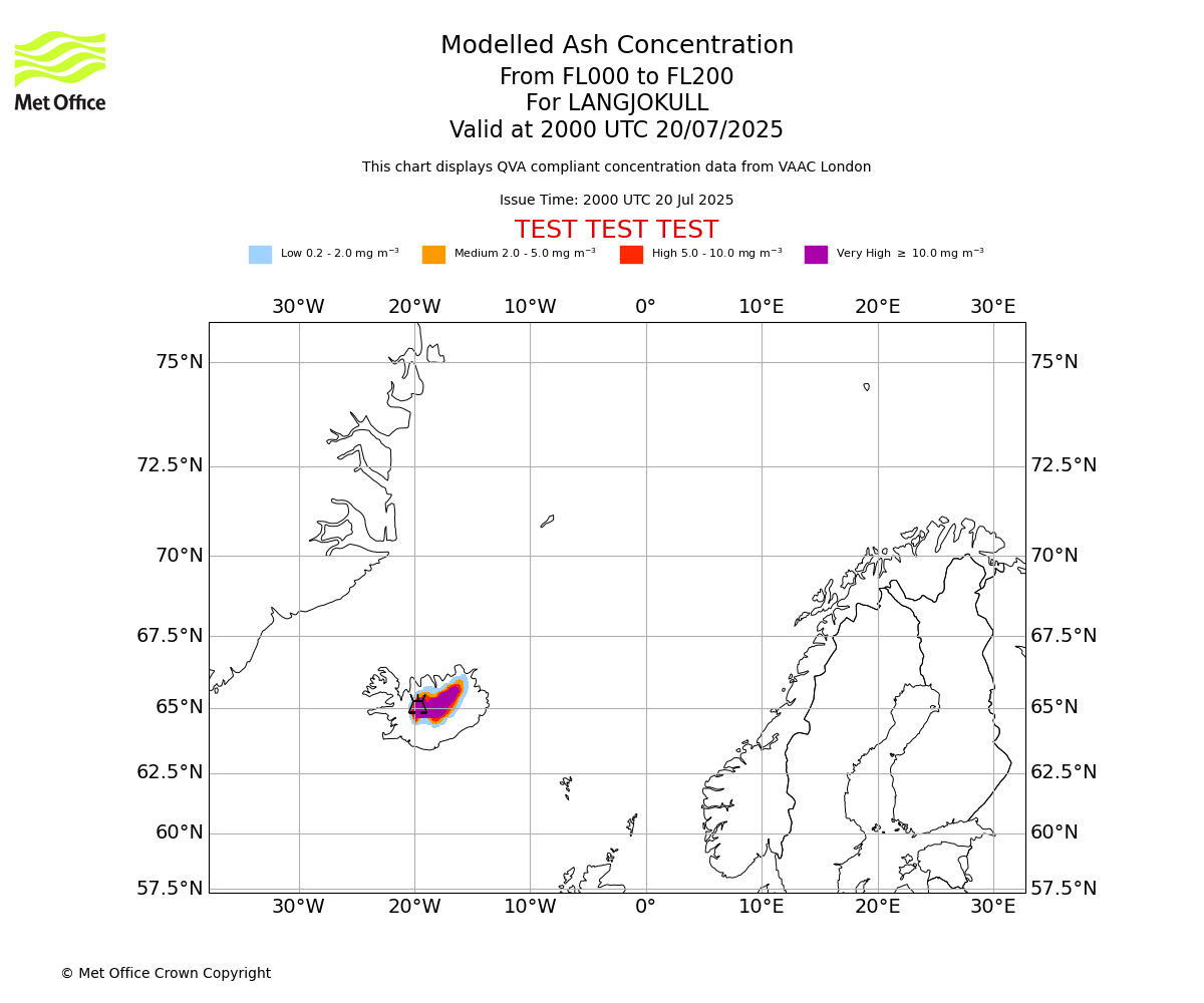 Modelled ash concentration from 000 to 200 for LANGJOKULL. Valid at 2000 UTC 20/07/2025